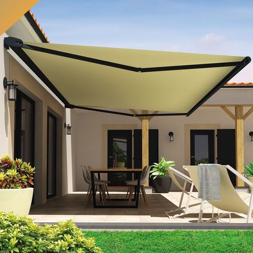 Store Banne Coffre Hevoa 5,00x3,50 M (Motorisé Secours À Télécommande - Gris Anthracite - Écru)