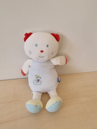 Doudou Chat Blanc Bleu Oiseau Sucre D'orge