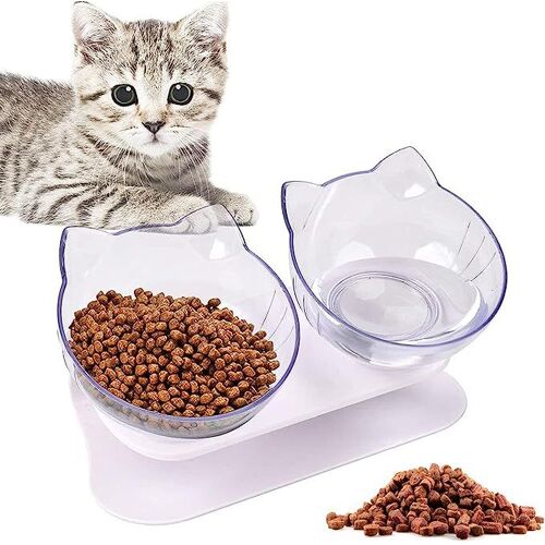 Bols Pour Chat, Gamelle Chat, Bol À Double Chat, 15°Inclinable Support, Antidérapant, Pour Réduire Les Douleurs Au Cou Des Animaux Domestiques, Pour Chats Et Chiens (Transparent)