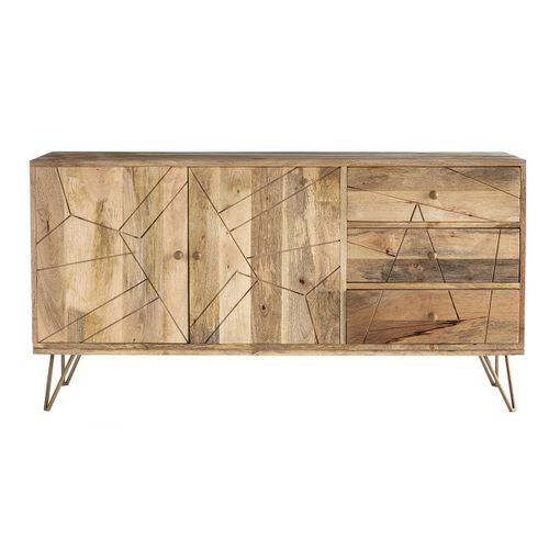 Buffet Gravé En Manguier Massif Et Métal Doré 2 Portes 3 Tiroirs L145 Cm Linium