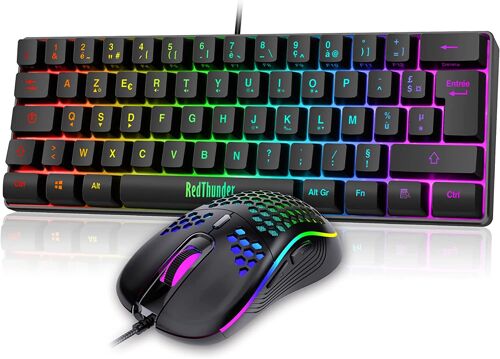 RedThunder 60% Ensemble Clavier et Souris 2-en-1 Gamer, AZERTY FRANÇAIS, Mini Clavier Ultra-Compact Clavier Rétroéclairé RGB 62 Touches, Souris Légère 6 Boutons 7200 DPI pour PC Mac PS5 Xbox Gamer