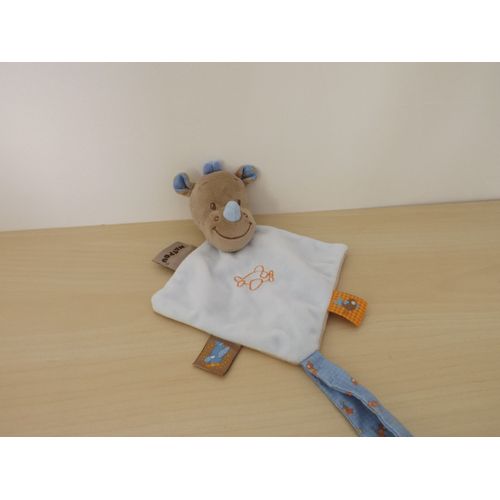 Doudou Rhinocéros Louis Marron Bleu Attache Sucette Nattou