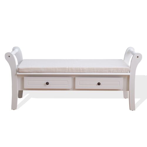 Banquette 2 tiroirs et assise rembourrée en MDF et paulownia blanc