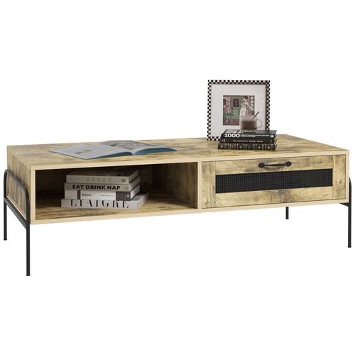 Table Basse Rectangulaire Industrielle Niche Tiroir Métal Aspect Bois