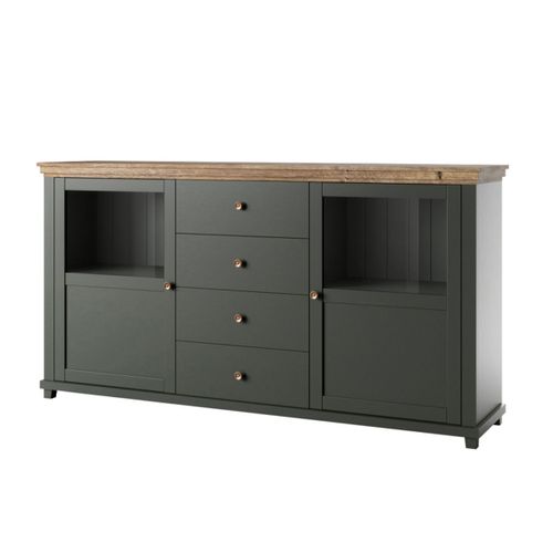 Buffet 2 Portes 4 Tiroirs Stratifiés Vert Et Bois