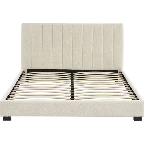 Lit adulte avec tête de lit capitonnée en tissu bouclé écru 160x200
