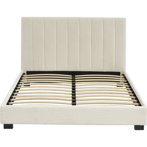 Lit adulte avec tête de lit capitonnée en tissu bouclé écru 140x190