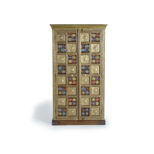 Armoire En Bois De Manguier, Laiton E Maiolique
