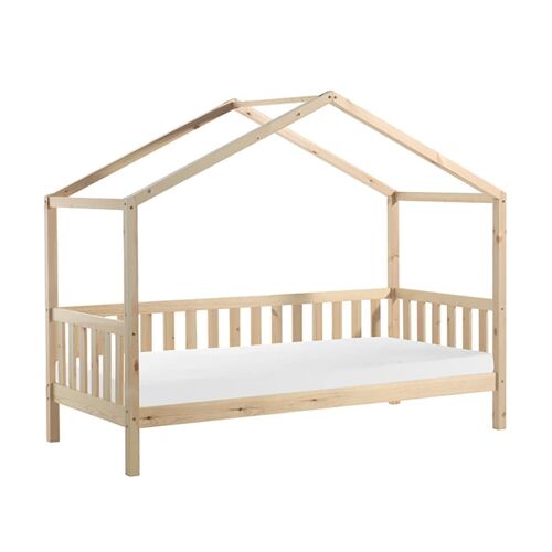 Lit maison à barrières 90x200cm pin naturel + matelas