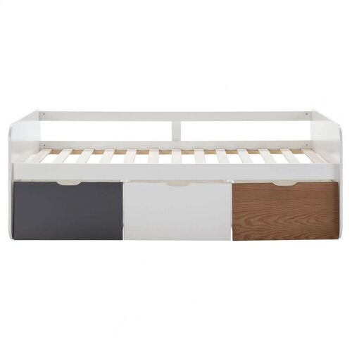 Lit 90x190cm + 3 tiroirs blanc, gris et effet bois