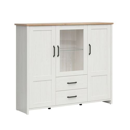 Vaisselier Bas 3 Portes 2 Tiroirs Stratifiés Blanc Et Bois