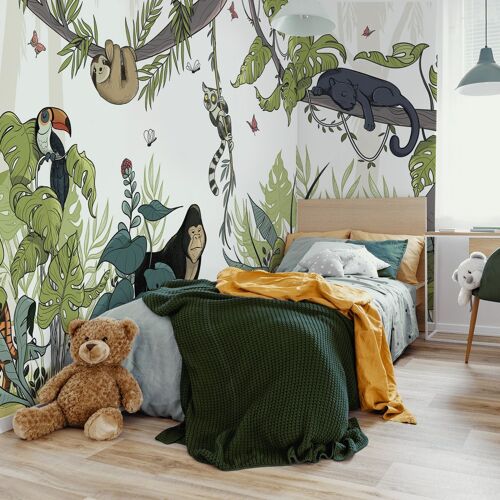 Papier peint panoramique enfant jungle couleurs clair vert 425x250cm