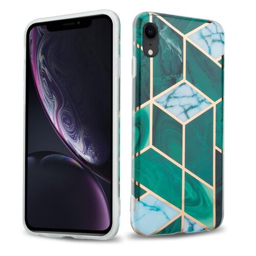 Cadorabo Housse compatible avec Apple iPhone XR en Marbre Or Blanc Vert Foncé No. 6 - Étui de protection en silicone TPU avec motif mosaïque