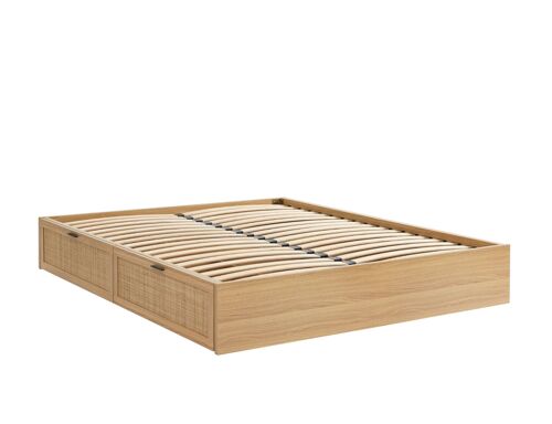 Cadre de lit à tiroirs cannage rotin 140x190 sommier inclus