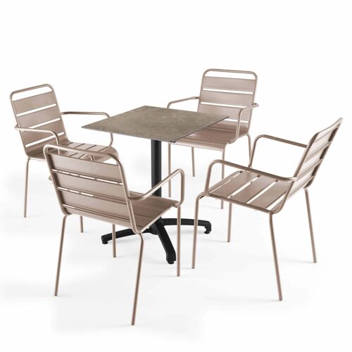 Ensemble Table Jardin Stratifié Marbre Beige Et 4 Fauteuils Taupe