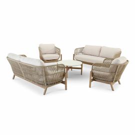 Salon De Jardin 7 Places En Bois Et Corde Beige + Table
