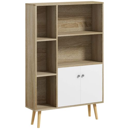 Bibliothèque Scandinave 5 Niches 2 Portes Pieds Bois Panneaux Naturels