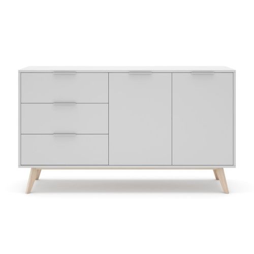 Buffet 2 Portes, 3 Tiroirs Blanc Et Pin Massif - L140 Cm