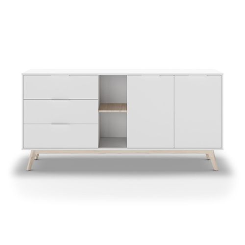 Buffet 2 Portes, 2 Niches, 3 Tiroirs Blanc Et Pin Massif - L165 Cm