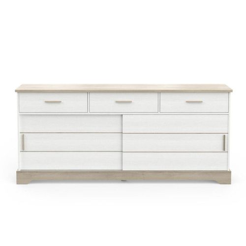Buffet 2 Portes Coulissantes 3 Tiroirs L200 Cm - Décor Blanc Et Chêne