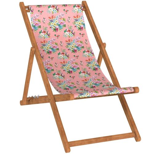Chilienne pliante en hêtre et toile outdoor imprimé fleuri rose