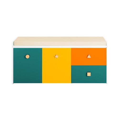 Banc de rangement effet bois multicolore à roulettes pour enfants