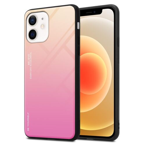 Cadorabo Housse compatible avec Apple iPhone 12 MINI en JAUNE - ROSE - Coque de protection bicolore en silicone TPU et dos en verre trempé