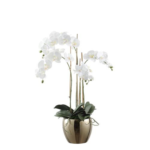 Composition D'orchidée Artificielle Avec Vase Doré Blanche H79