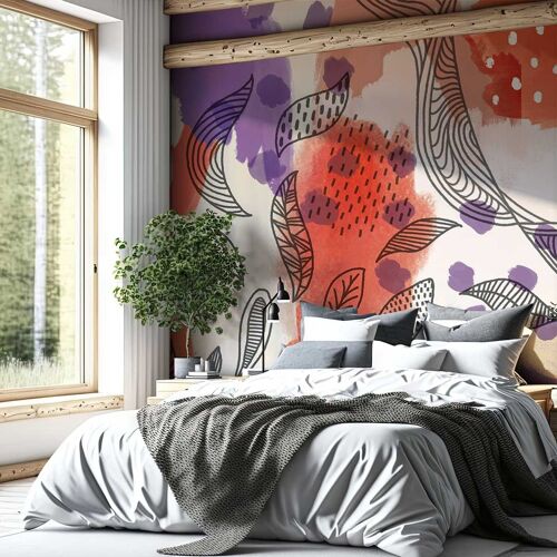 Papier peint graphique feuilles et plumes 260x270cm