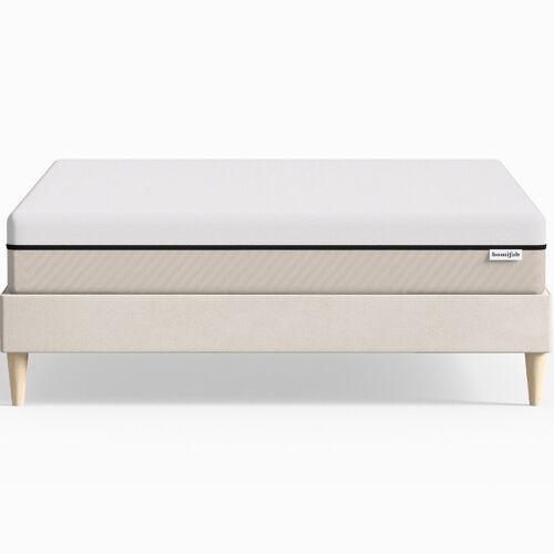 Lit 140x190 en velours beige + Matelas Hybride à ressorts ensachés