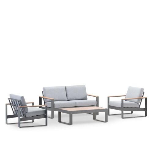 Set Jardin 4 Places Aluminium Anthracite, Effet Bois