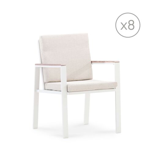 Lot De 8 Chaises Aluminium Blanc Accoudoirs Effet Bois Avec Coussins