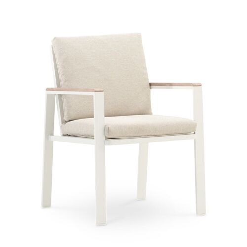Lot 2 Chaises Alu Blanc Avec Accoudoirs Imitation Bois Avec Coussins