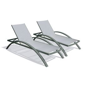 Lot De 2 Bains De Soleil En Toile Plastifiée Grise Et Aluminium Kaki