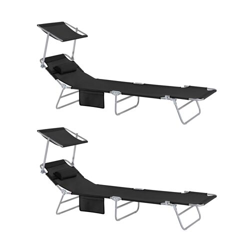 Lot De 2 Bains De Soleil Pliable Position Réglable Avec Parasol - Noir
