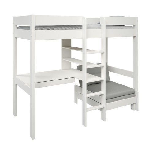 Lit Mezzanine Avec Bureau Et Chauffeuse Pin Massif Blanc 90x200