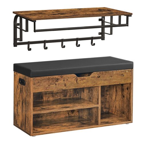 Porte-manteau mural et banc à chaussures marron rustique et noir