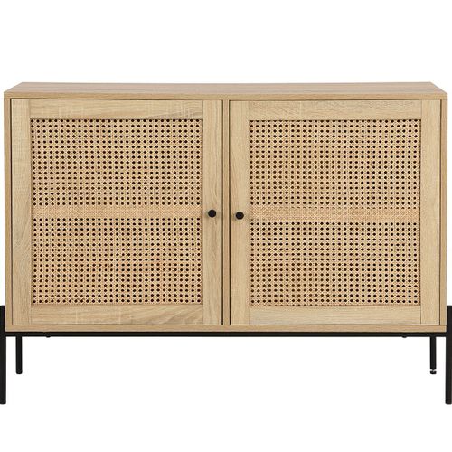 Buffet 2 Portes En Cannage Naturel Et Effet Chêne 110 Cm