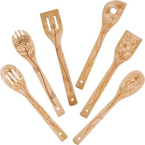 Mevronisshop-6 Pièces Ustensiles De Cuisine En Bambou Floral Ensemble De Cuillères De Cuisine Gravées En Bois Ensemble De Spatule En Bambou Pour Mère L'amie Femmes Cadeau De Réchauffement De La Maiso