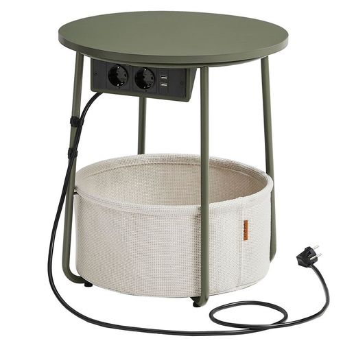 Table basse avec multiprise panier en tissu vert forêt et blanc crème