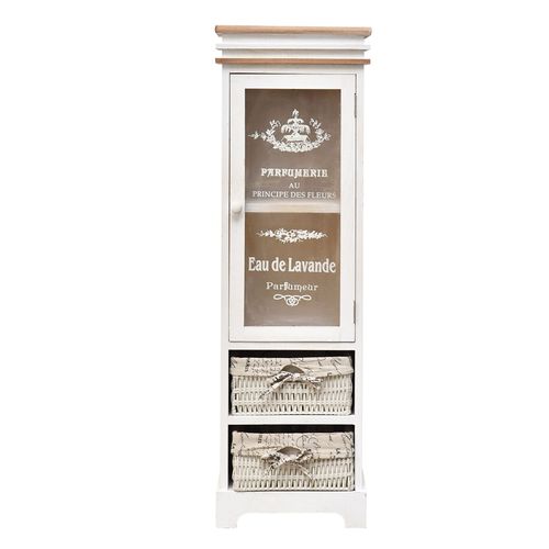Cabinet Vitrine À 2 Tiroirs Et 1 Porte En Bois Et Osier Blanc