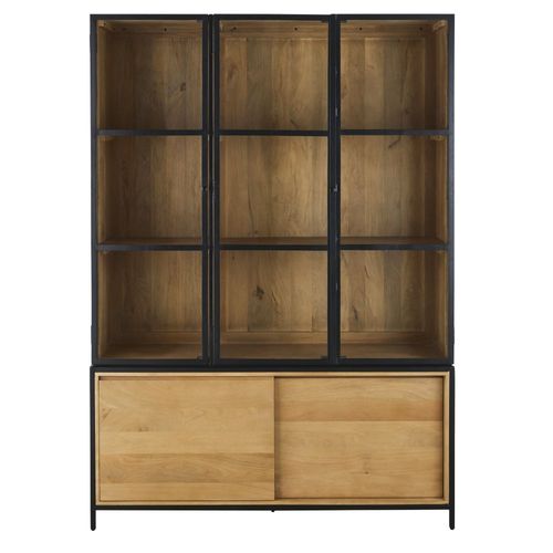 Vaisselier 2 Portes En Bois De Manguier Massif, Verre Trempé Et Métal Noir Mat