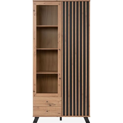 Vaisselier 2 Portes 2 Tiroirs Effet Chêne, Piètement Anthracite 92 Cm