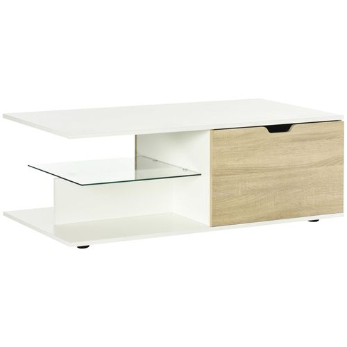 Table Basse 2 Tiroirs 2 Niches Étagère Verre Blanc Aspect Chêne Clair