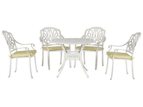 Ensemble de repas de jardin blanc 4 places avec coussins jaunes ANCONA
