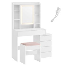 Coiffeuse avec grand miroir compartiments ouverts tabouret blanc nuage