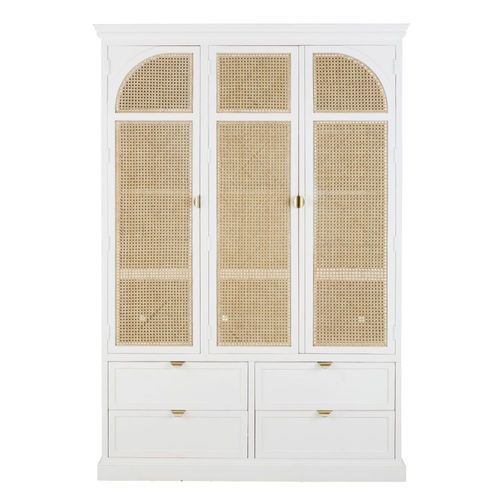 Dressing 3 Portes Battantes 4 Tiroirs Blanc Et Cannage En Rotin