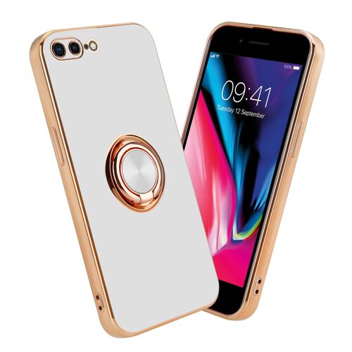 Cadorabo Housse pour Apple iPhone 7 PLUS / 7S PLUS / 8 PLUS en Glossy Blanc - Or avec anneau - Étui de protection en silicone TPU flexible, avec protection pour appareil photo