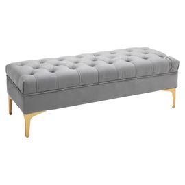 Banquette Capitonnée Style Classique Métal Doré Velours Gris Clair