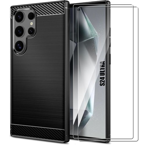 Coque Et 2 Verres Trempés Pour Samsung Galaxy S24 Ultra, Proteciton Antichoc Fibre Carbone Noir - E.F.Connection